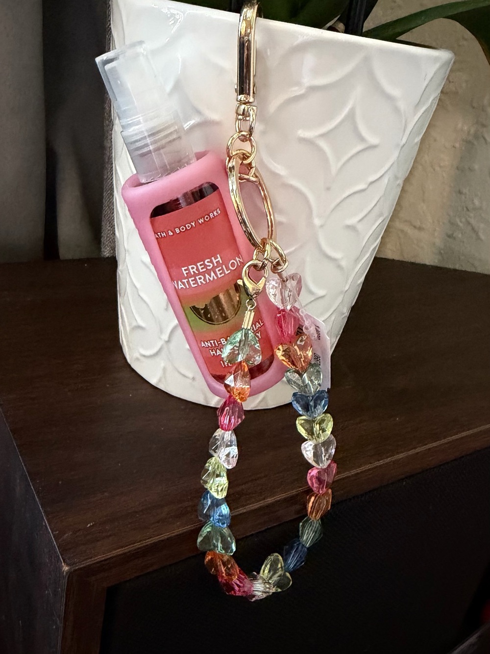 Pink Hand Sanitizer Holder Keychain with Multicolor Heart Beads
